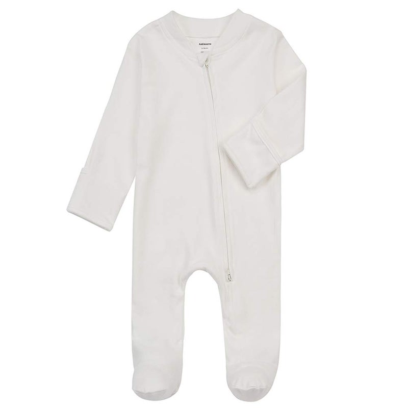 Aablexema Baby Pajamas Footie with Mitten Cuffs - Unisex Newborn Double Ways Zipper Cotton Outfit Infant Jammies(Creamy-White, 0-3m) - Image 1